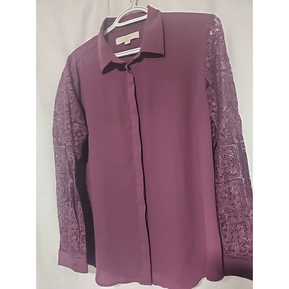 LOFT Burgundy Maroon Lace Long Sleeve Women Lightweight Button Blouse SZ M